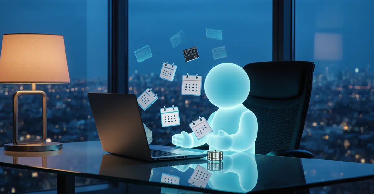 Microsoft Copilot Autopilot agent as a glowing cyan figure sorting calendar and message cards at a night desk BigAIAgent
