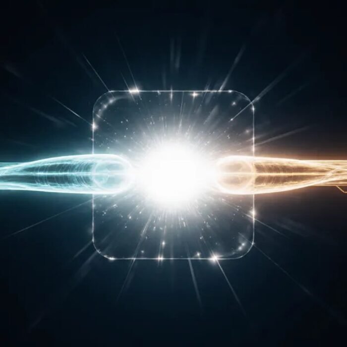 Cyan and amber light streams joining at a glowing node, AdMagic waitlist true margin in seconds