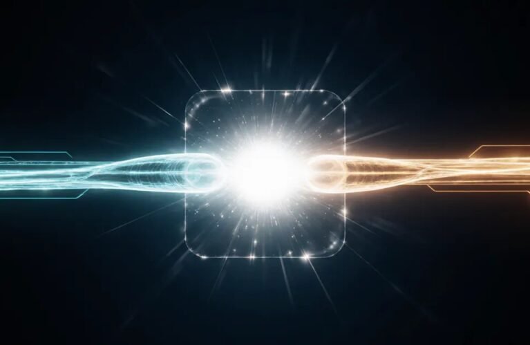 Cyan and amber light streams joining at a glowing node, AdMagic waitlist true margin in seconds