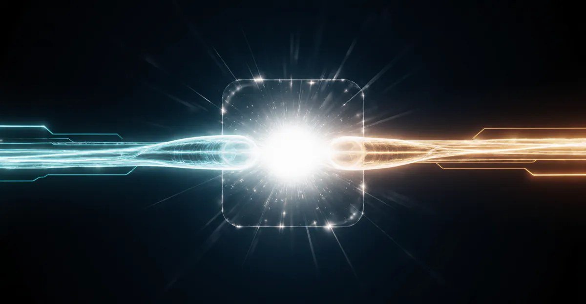 Cyan and amber light streams joining at a glowing node, AdMagic waitlist true margin in seconds