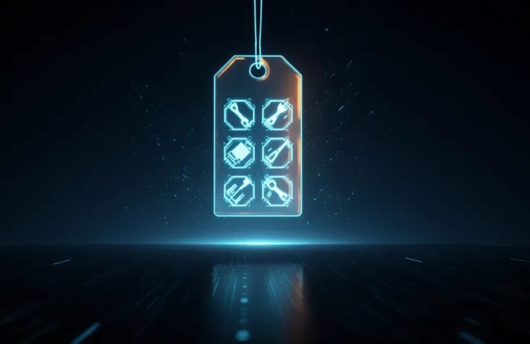 Glowing price tag opening to reveal tool modules, AdMagic waitlist