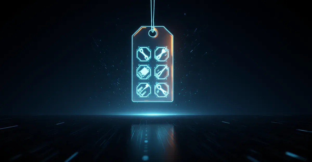 Glowing price tag opening to reveal tool modules, AdMagic waitlist