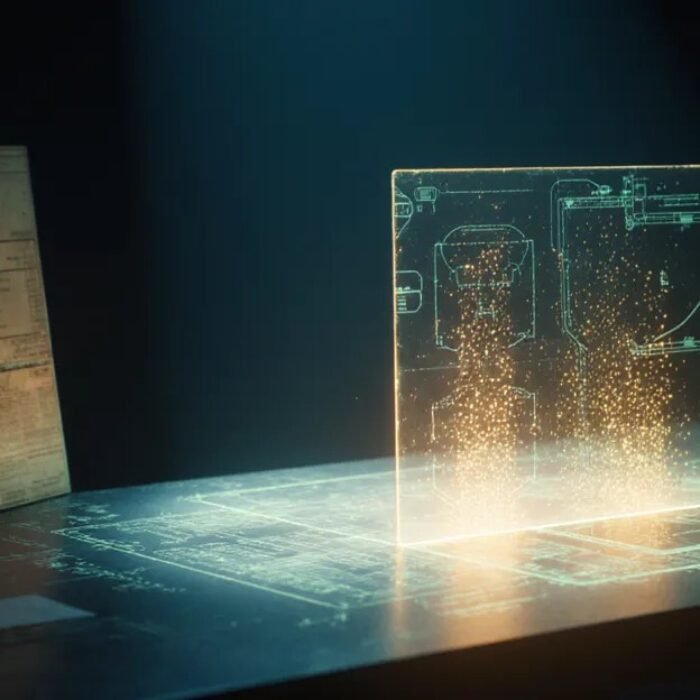 Glowing blueprint panel beside faded archive, AdMagic waitlist