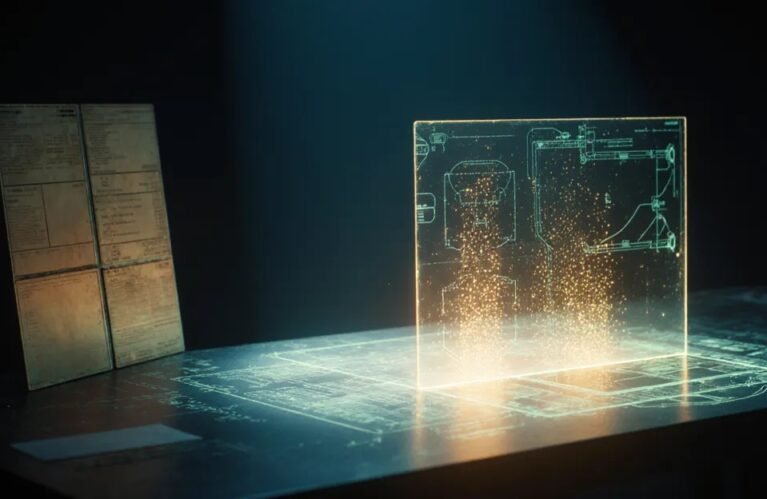 Glowing blueprint panel beside faded archive, AdMagic waitlist