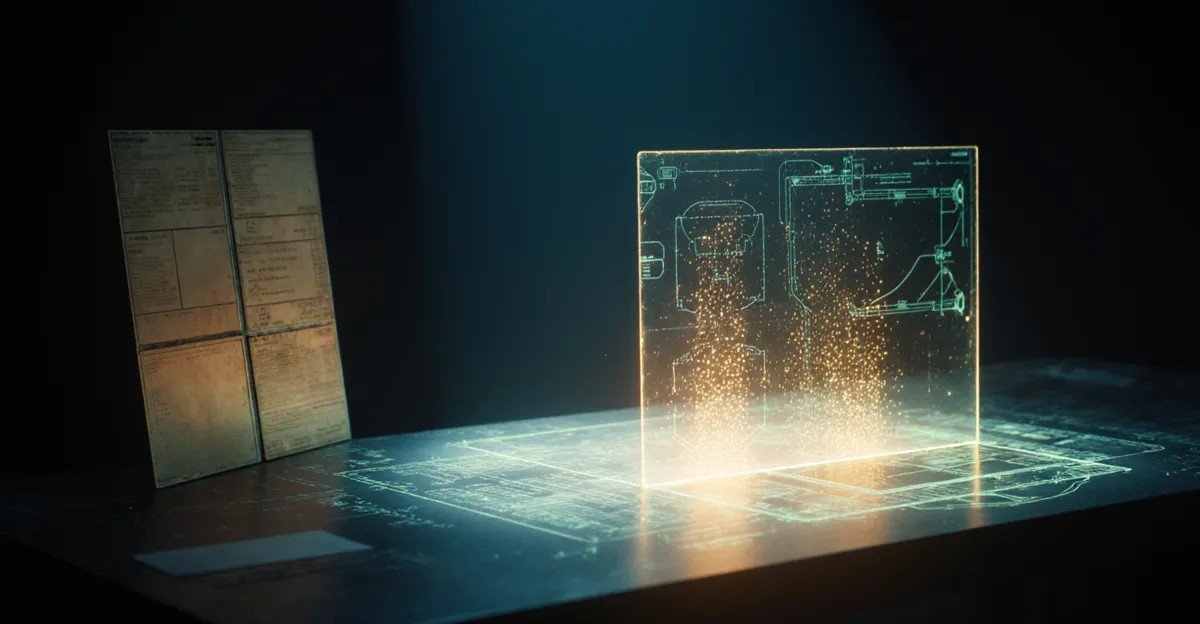 Glowing blueprint panel beside faded archive, AdMagic waitlist