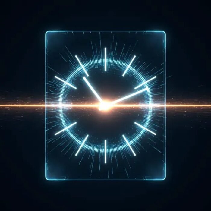Glowing clock dial condensing into one light thread, AdMagic waitlist