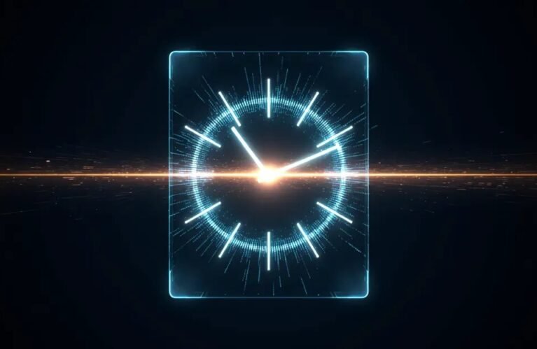 Glowing clock dial condensing into one light thread, AdMagic waitlist