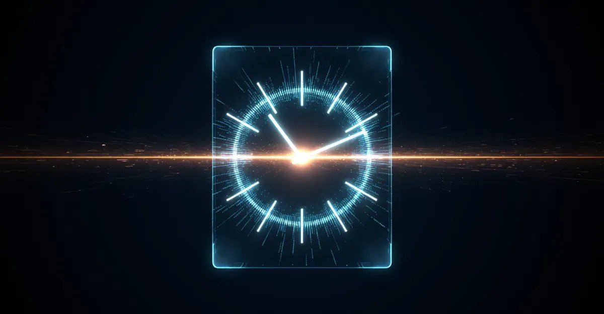 Glowing clock dial condensing into one light thread, AdMagic waitlist