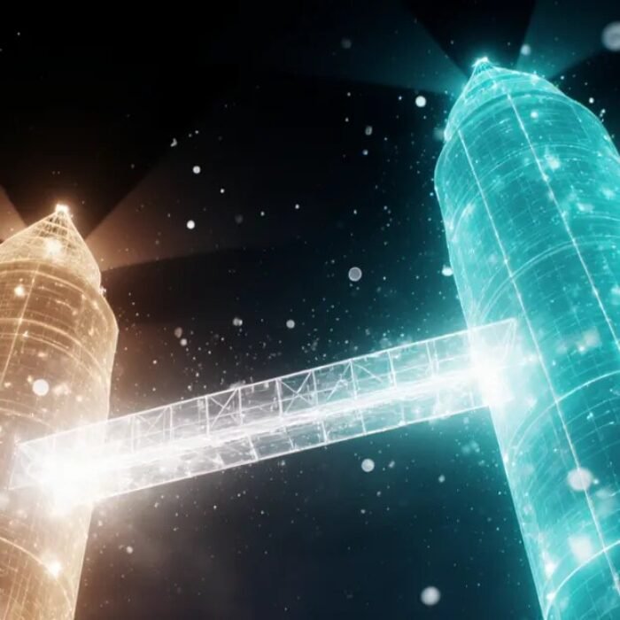 Two glowing towers joined by a light bridge, AdMagic waitlist