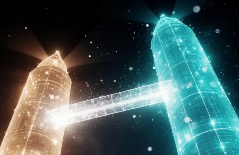 Two glowing towers joined by a light bridge, AdMagic waitlist