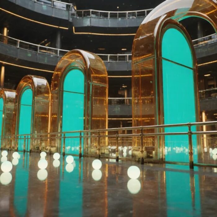 AI agent governance in 2026, glowing agent orbs passing teal checkpoint arches in a golden atrium BigAIAgent