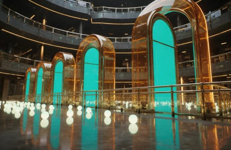 AI agent governance in 2026, glowing agent orbs passing teal checkpoint arches in a golden atrium BigAIAgent