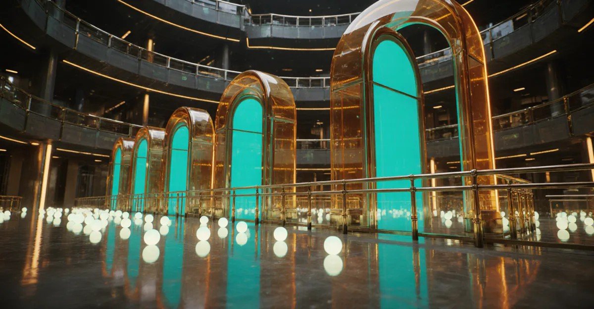 AI agent governance in 2026, glowing agent orbs passing teal checkpoint arches in a golden atrium BigAIAgent