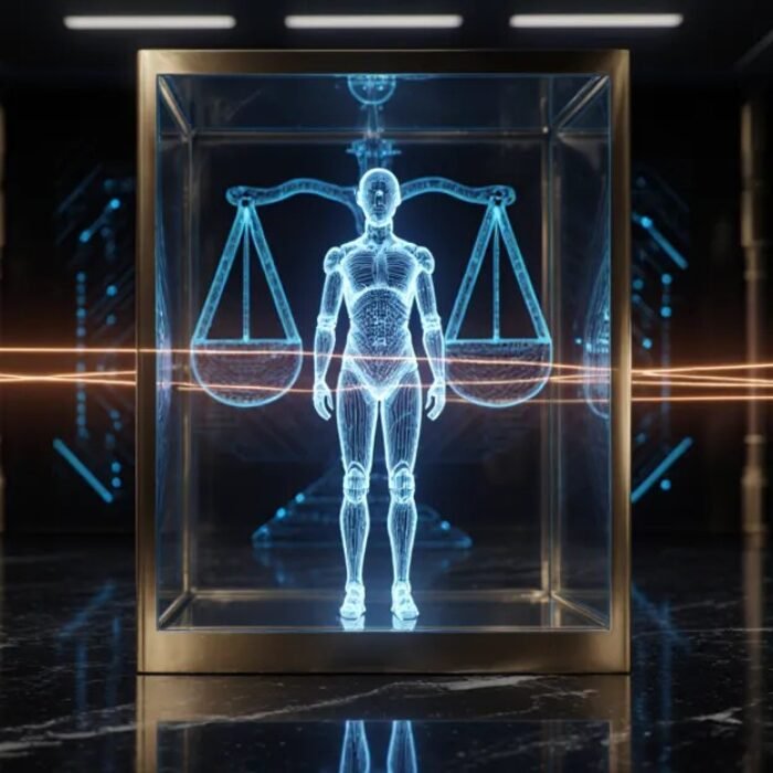 AI agent safety regulation 2026, glowing AI figure in glass audit chamber with scales of justice BigAIAgent