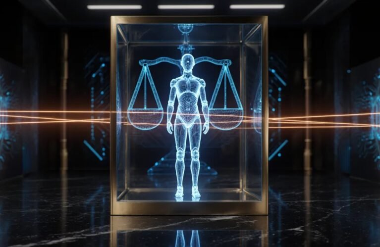 AI agent safety regulation 2026, glowing AI figure in glass audit chamber with scales of justice BigAIAgent