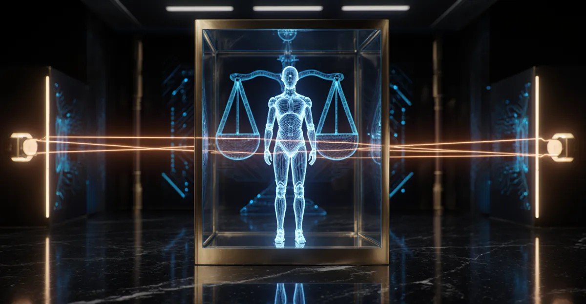 AI agent safety regulation 2026, glowing AI figure in glass audit chamber with scales of justice BigAIAgent