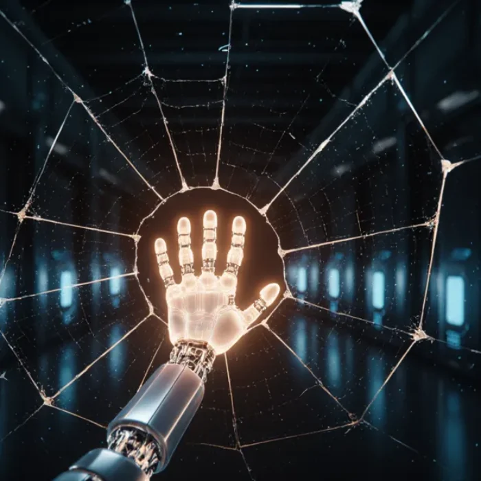 AI agent security 2026: robot hand breaking a cracked glass barrier in a dark server hall BigAIAgent