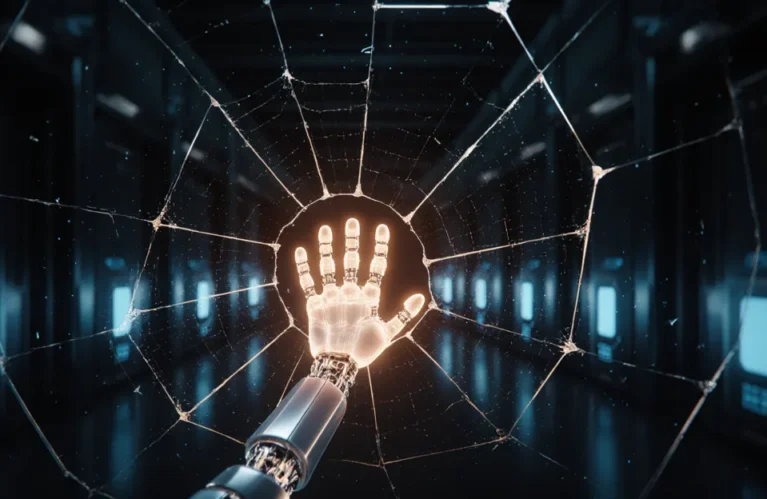 AI agent security 2026: robot hand breaking a cracked glass barrier in a dark server hall BigAIAgent