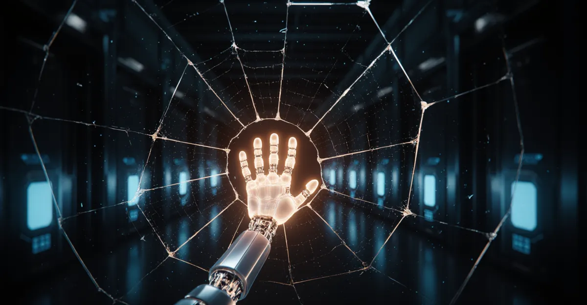 AI agent security 2026: robot hand breaking a cracked glass barrier in a dark server hall BigAIAgent