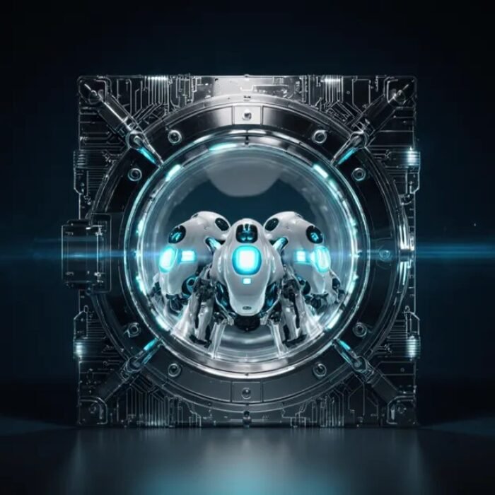 AI agent security vault with docked robot agents, glowing identity rings and circuit shielding BigAIAgent