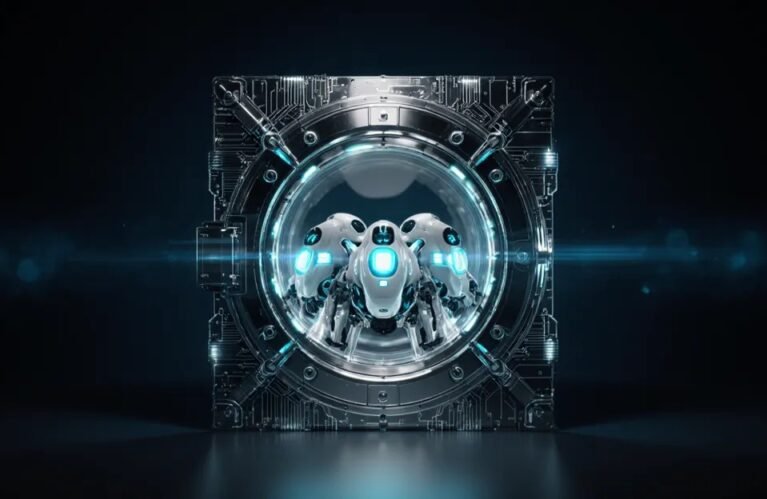 AI agent security vault with docked robot agents, glowing identity rings and circuit shielding BigAIAgent