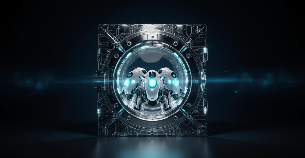 AI agent security vault with docked robot agents, glowing identity rings and circuit shielding BigAIAgent