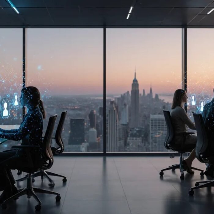 AI coworker agents working beside humans in a futuristic office with glowing agent badges BigAIAgent