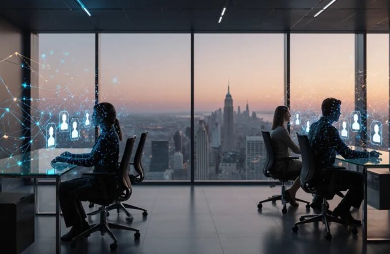 AI coworker agents working beside humans in a futuristic office with glowing agent badges BigAIAgent