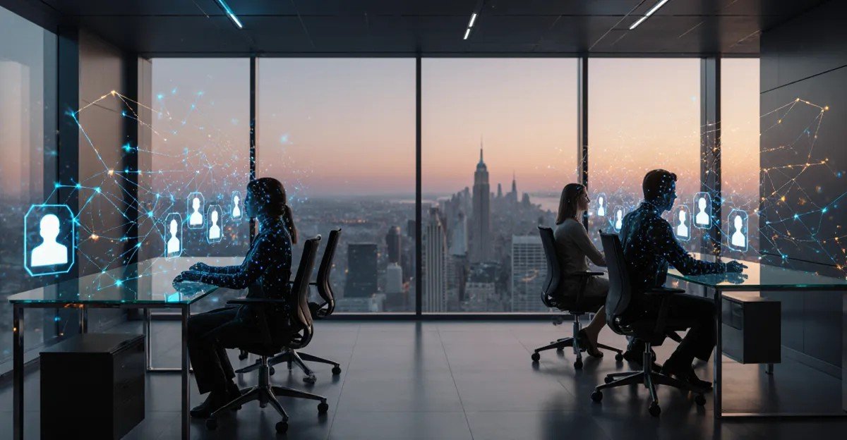 AI coworker agents working beside humans in a futuristic office with glowing agent badges BigAIAgent