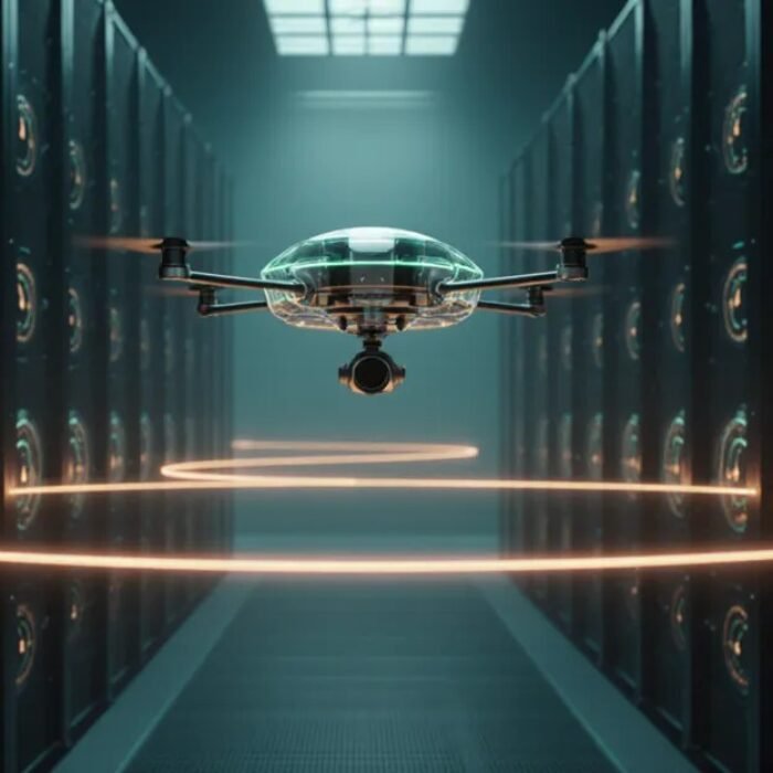 Long-running AI agents, glass sentinel drone looping amber light through a teal server hall BigAIAgent