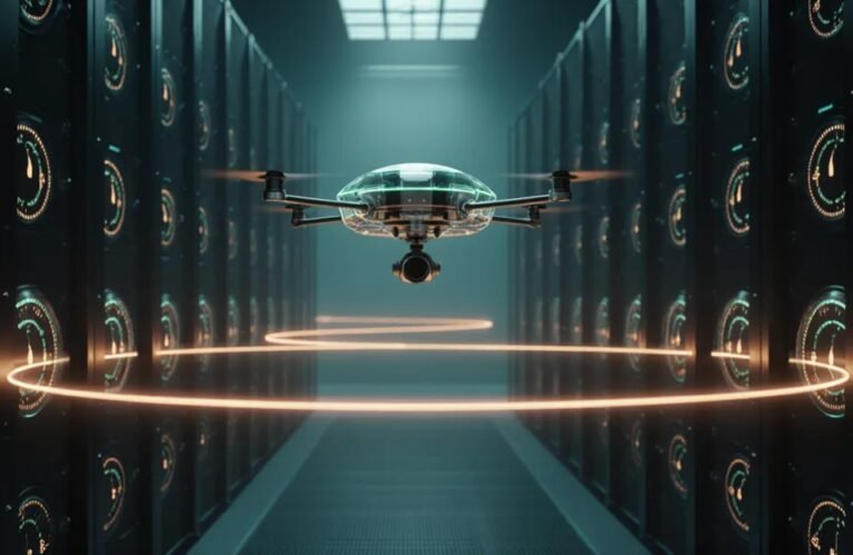 Long-running AI agents, glass sentinel drone looping amber light through a teal server hall BigAIAgent