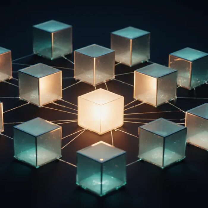 Open source AI agents for business, glowing network of connected glass cubes around a central core BigAIAgent