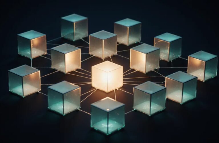 Open source AI agents for business, glowing network of connected glass cubes around a central core BigAIAgent