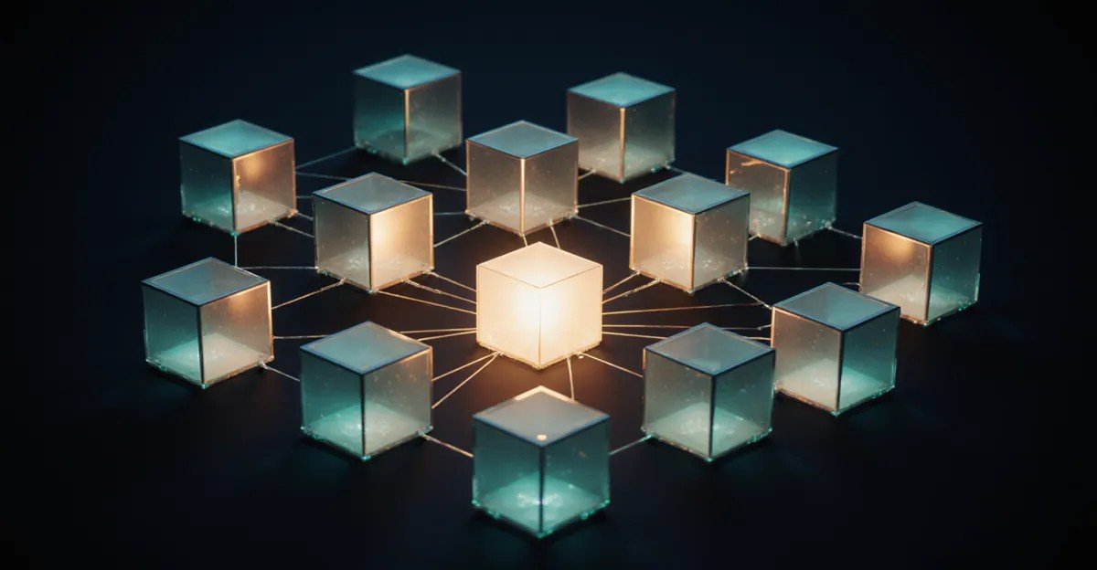 Open source AI agents for business, glowing network of connected glass cubes around a central core BigAIAgent