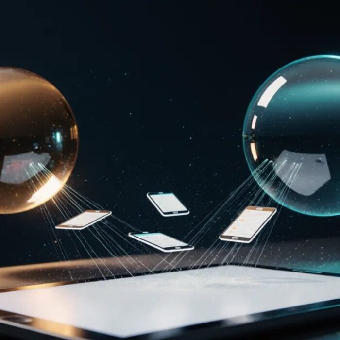 Proactive AI agents: two glowing orbs sending light threads to app cards above a tablet, BigAIAgent