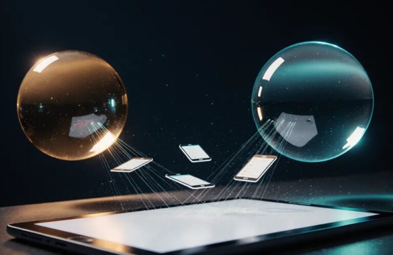 Proactive AI agents: two glowing orbs sending light threads to app cards above a tablet, BigAIAgent