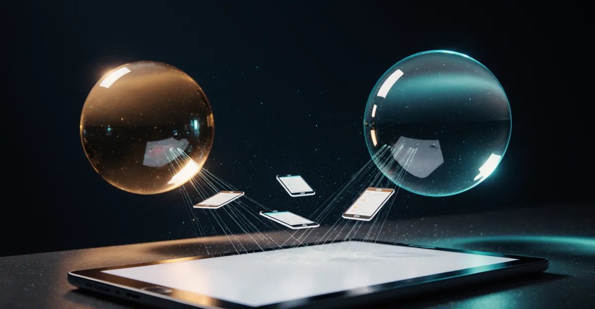 Proactive AI agents: two glowing orbs sending light threads to app cards above a tablet, BigAIAgent